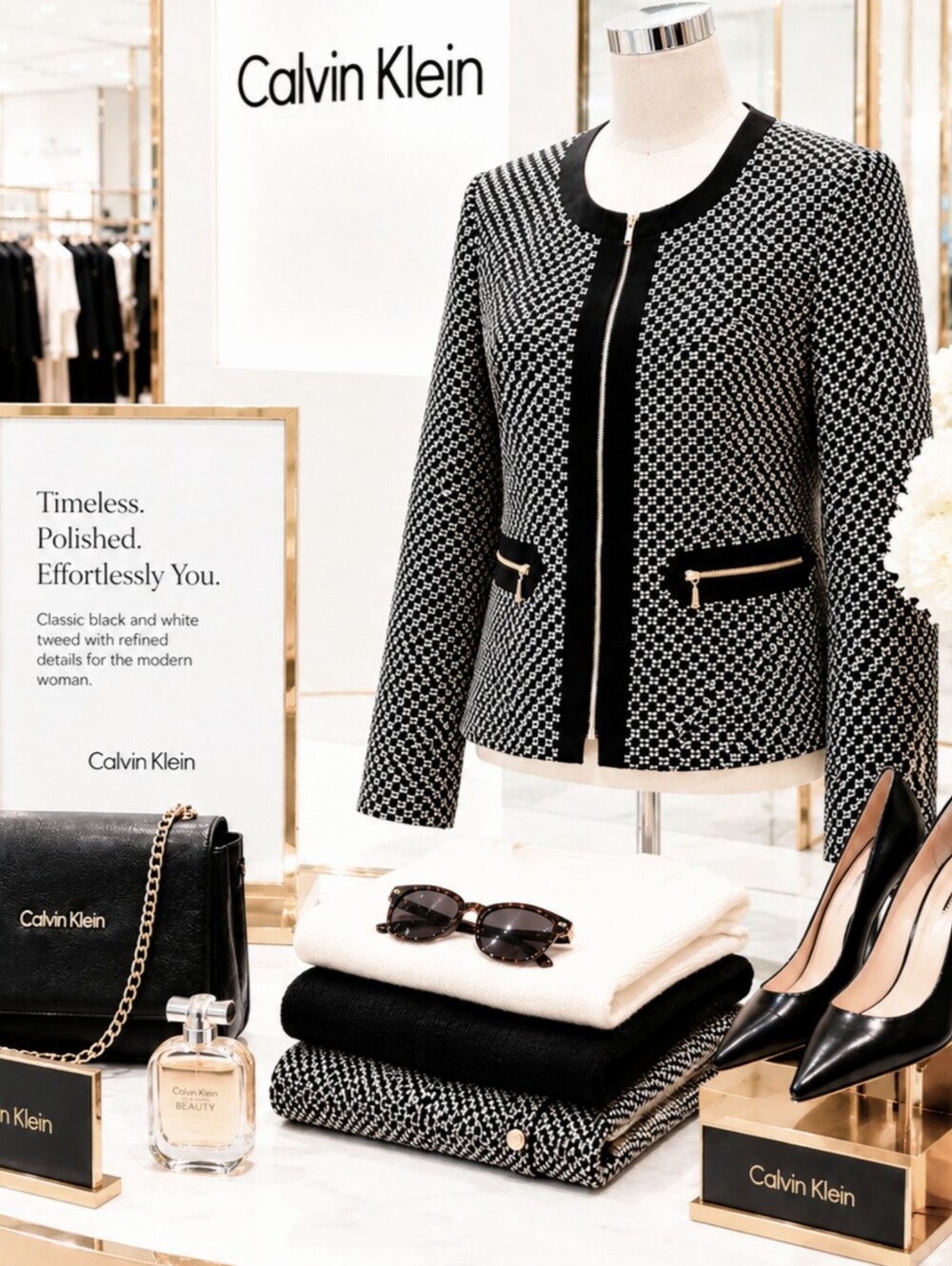 Calvin Klein Tweed Blazer Jacket Women Size 10 Black White Zip Front Career